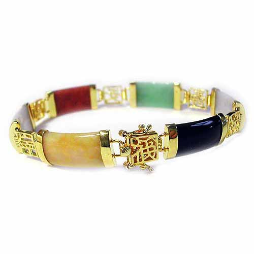 18K Gold over Sterling Silver Multicolor Jade Chinese Motif Bracelet