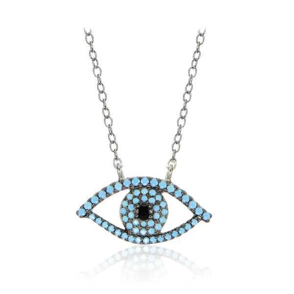 Sterling Silver Nano Simulated Turquoise and Black Cubic Zirconia Evil Eye Necklace