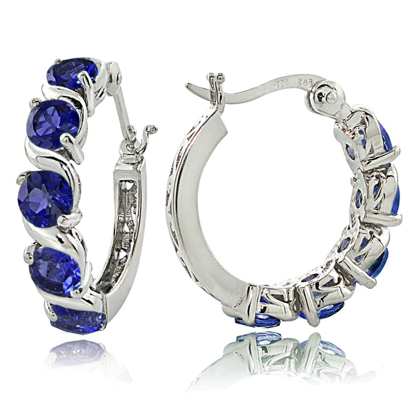 Sterling Silver 2.30ct TGW Created Blue Sapphire S Design Hoop Earrings