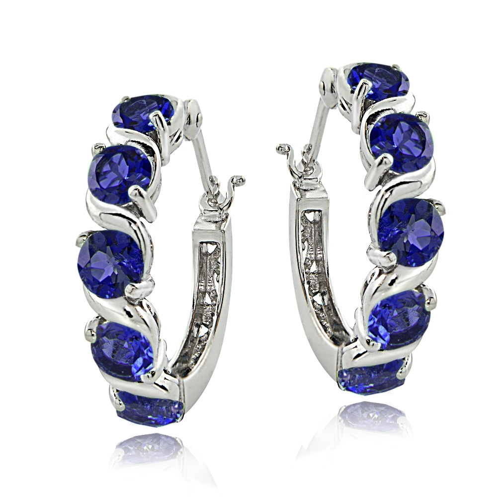 Sterling Silver 2.30ct TGW Created Blue Sapphire S Design Hoop Earrings