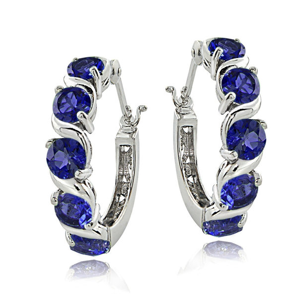 Sterling Silver 2.30ct TGW Created Blue Sapphire S Design Hoop Earrings