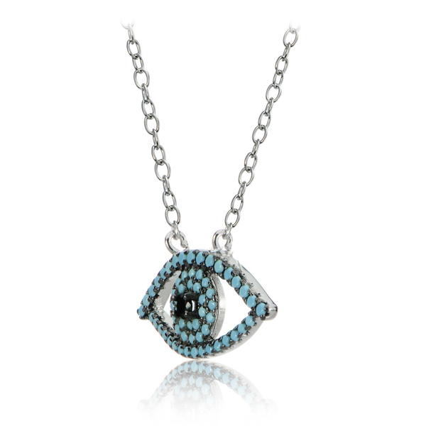 Sterling Silver Nano Simulated Turquoise and Black Cubic Zirconia Evil Eye Necklace